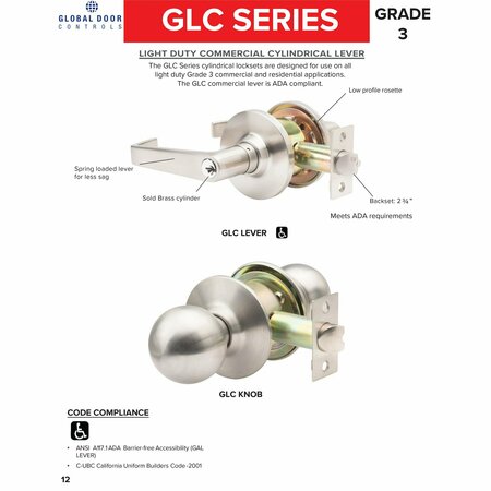 Global Door Controls GLC Series Brushed Chrome Grade 3 Commercial/Residential Dummy Door Lever/Handle GLC-5170L-626